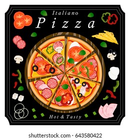 Vector illustration logo for whole round hot pizza, slice triangle from pizzeria menu. Pizza on wood board, ingredients for pizzeria to chalkboard, food in box. Tasty Italian pizza from pizzeria.