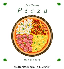 Vector illustration logo for whole round hot pizza, slice triangle from pizzeria menu. Pizza on wood board, ingredients for pizzeria to chalkboard, food in box. Tasty Italian pizza from pizzeria.