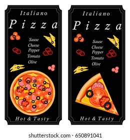 Vector illustration logo for whole round hot pizza, slice triangle from pizzeria menu. Pizza on wood board, ingredients for pizzeria to chalkboard, food in box. Tasty Italian pizza from pizzeria.