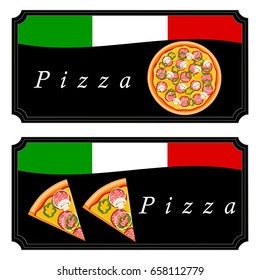 Vector illustration logo for whole round hot pizza, slice triangle from pizzeria menu. Pizza on wood board, ingredients for pizzeria to chalkboard, food in box. Tasty Italian pizza from pizzeria.