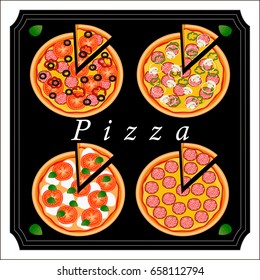 Vector illustration logo for whole round hot pizza, slice triangle from pizzeria menu. Pizza on wood board, ingredients for pizzeria to chalkboard, food in box. Tasty Italian pizza from pizzeria.