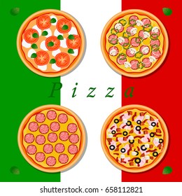 Vector illustration logo for whole round hot pizza, slice triangle from pizzeria menu. Pizza on wood board, ingredients for pizzeria to chalkboard, food in box. Tasty Italian pizza from pizzeria.