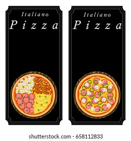 Vector illustration logo for whole round hot pizza, slice triangle from pizzeria menu. Pizza on wood board, ingredients for pizzeria to chalkboard, food in box. Tasty Italian pizza from pizzeria.