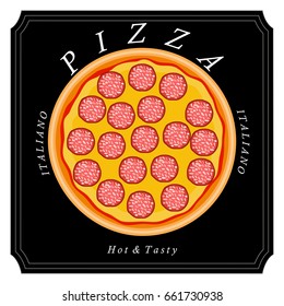 Vector illustration logo for whole round hot pizza, slice triangle from pizzeria menu. Pizza on wood board, ingredients for pizzeria to chalkboard, food in box. Tasty Italian pizza from pizzeria.