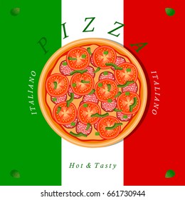 Vector illustration logo for whole round hot pizza, slice triangle from pizzeria menu. Pizza on wood board, ingredients for pizzeria to chalkboard, food in box. Tasty Italian pizza from pizzeria.