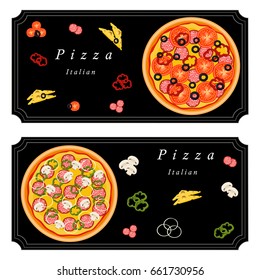 Vector illustration logo for whole round hot pizza, slice triangle from pizzeria menu. Pizza on wood board, ingredients for pizzeria to chalkboard, food in box. Tasty Italian pizza from pizzeria.