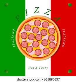 Vector illustration logo for whole round hot pizza, slice triangle from pizzeria menu. Pizza on wood board, ingredients for pizzeria to chalkboard, food in box. Tasty Italian pizza from pizzeria.