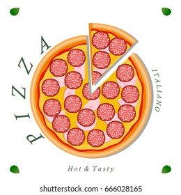 Vector illustration logo for whole round hot pizza, slice triangle from pizzeria menu. Pizza on wood board, ingredients for pizzeria to chalkboard, food in box. Tasty Italian pizza from pizzeria.