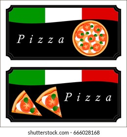 Vector illustration logo for whole round hot pizza, slice triangle from pizzeria menu. Pizza on wood board, ingredients for pizzeria to chalkboard, food in box. Tasty Italian pizza from pizzeria.