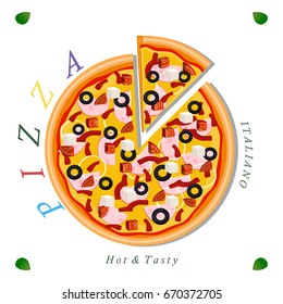 Vector illustration logo for whole round hot pizza, slice triangle from pizzeria menu. Pizza on wood board, ingredients for pizzeria to chalkboard, food in box. Tasty Italian pizza from pizzeria.