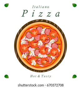Vector illustration logo for whole round hot pizza, slice triangle from pizzeria menu. Pizza on wood board, ingredients for pizzeria to chalkboard, food in box. Tasty Italian pizza from pizzeria.
