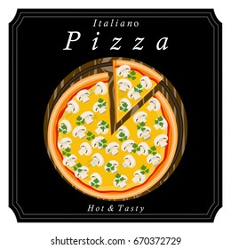 Vector illustration logo for whole round hot pizza, slice triangle from pizzeria menu. Pizza on wood board, ingredients for pizzeria to chalkboard, food in box. Tasty Italian pizza from pizzeria.