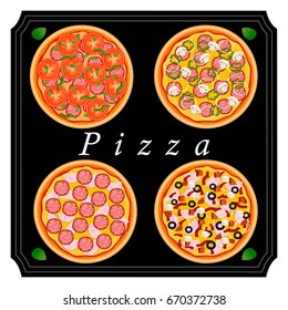 Vector illustration logo for whole round hot pizza, slice triangle from pizzeria menu. Pizza on wood board, ingredients for pizzeria to chalkboard, food in box. Tasty Italian pizza from pizzeria.