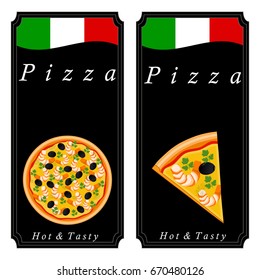 Vector illustration logo for whole round hot pizza, slice triangle from pizzeria menu. Pizza on wood board, ingredients for pizzeria to chalkboard, food in box. Tasty Italian pizza from pizzeria.