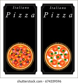 Vector illustration logo for whole round hot pizza, slice triangle from pizzeria menu. Pizza on wood board, ingredients for pizzeria to chalkboard, food in box. Tasty Italian pizza from pizzeria.