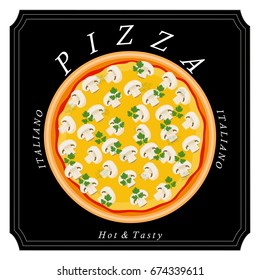 Vector illustration logo for whole round hot pizza, slice triangle from pizzeria menu. Pizza on wood board, ingredients for pizzeria to chalkboard, food in box. Tasty Italian pizza from pizzeria.