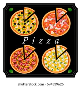 Vector illustration logo for whole round hot pizza, slice triangle from pizzeria menu. Pizza on wood board, ingredients for pizzeria to chalkboard, food in box. Tasty Italian pizza from pizzeria.