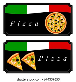 Vector illustration logo for whole round hot pizza, slice triangle from pizzeria menu. Pizza on wood board, ingredients for pizzeria to chalkboard, food in box. Tasty Italian pizza from pizzeria.