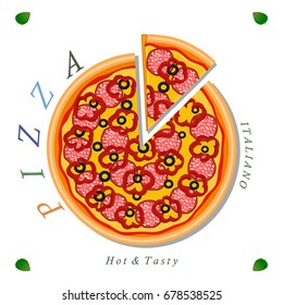 Vector illustration logo for whole round hot pizza, slice triangle from pizzeria menu. Pizza on wood board, ingredients for pizzeria to chalkboard, food in box. Tasty Italian pizza from pizzeria.