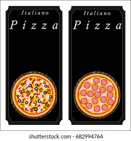 Vector illustration logo for whole round hot pizza, slice triangle from pizzeria menu. Pizza on wood board, ingredients for pizzeria to chalkboard, food in box. Tasty Italian pizza from pizzeria.
