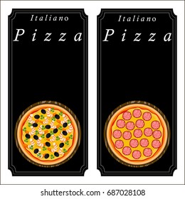 Vector illustration logo for whole round hot pizza, slice triangle from pizzeria menu. Pizza on wood board, ingredients for pizzeria to chalkboard, food in box. Tasty Italian pizza from pizzeria.