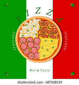 Vector illustration logo for whole round hot pizza, slice triangle from pizzeria menu. Pizza on wood board, ingredients for pizzeria to chalkboard, food in box. Tasty Italian pizza from pizzeria.