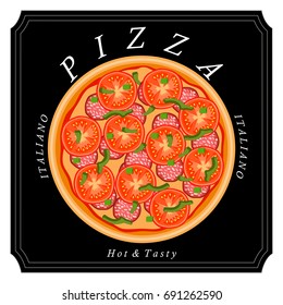Vector illustration logo for whole round hot pizza, slice triangle from pizzeria menu. Pizza on wood board, ingredients for pizzeria to chalkboard, food in box. Tasty Italian pizza from pizzeria.