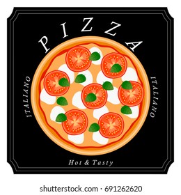 Vector illustration logo for whole round hot pizza, slice triangle from pizzeria menu. Pizza on wood board, ingredients for pizzeria to chalkboard, food in box. Tasty Italian pizza from pizzeria.