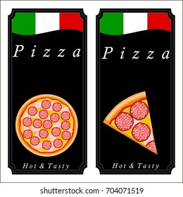 Vector illustration logo for whole round hot pizza, slice triangle from pizzeria menu. Pizza on wood board, ingredients for pizzeria to chalkboard, food in box. Tasty Italian pizza from pizzeria.