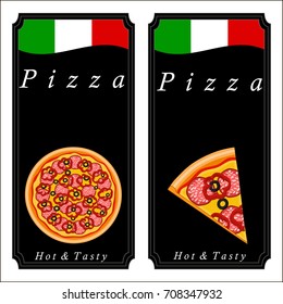 Vector illustration logo for whole round hot pizza, slice triangle from pizzeria menu. Pizza on wood board, ingredients for pizzeria to chalkboard, food in box. Tasty Italian pizza from pizzeria.