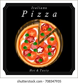 Vector illustration logo for whole round hot pizza, slice triangle from pizzeria menu. Pizza on wood board, ingredients for pizzeria to chalkboard, food in box. Tasty Italian pizza from pizzeria.