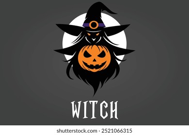 A vector illustration and logo of a witch's silhouette in black, holding a Jack o' Lantern pumpkin with the moon behind her, perfect for Halloween-themed designs and spooky decorations.
