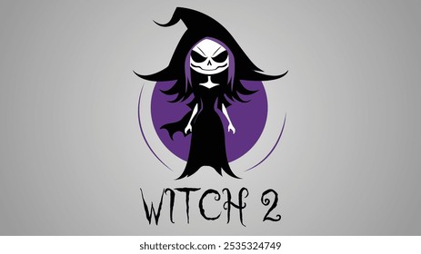 A vector illustration and logo of a witch's silhouette in black, and wearing black clothes and hood, has a purple hair, perfect for Halloween-themed designs and spooky decorations, plus costume ideas.