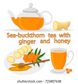 Vector illustration logo for yellow full ceramic teapot, spice seasoning root ginger, ceramic cup. Teapot pattern of sea buckthorn tea from gingers, spoon honey, glass kettle. Ginger teas in teapots.