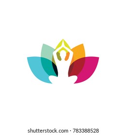 Vector illustration logo for Yoga club, Wellness spa, Colorful lotus with yoga pose female silhouette 