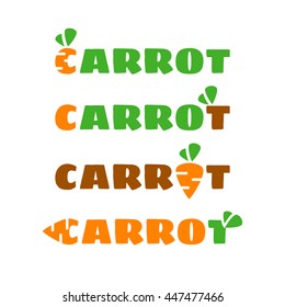 Vector illustration of logotype on eco food theme. Inscription with carrot logo in four variants. Associated with ecology fresh healthy food.