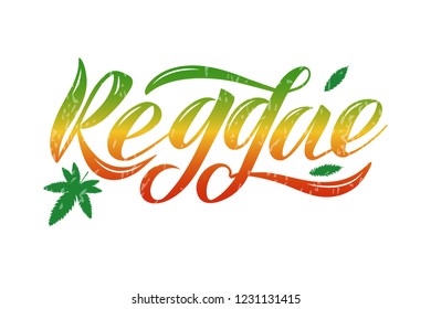 Vector Illustration of logotype reggae. Lettering typography poster. Vector badges for reggae, with marijuana leaf and pacific . Calligraphy background. EPS 10
