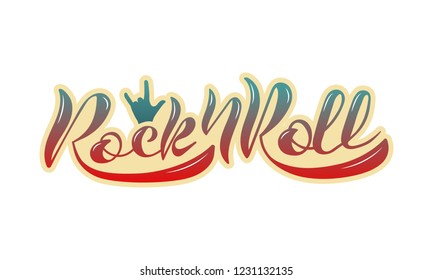 Vector Illustration of logotype rock and roll. Lettering typography poster. Vector badges for rock and roll, with hand sign. EPS 10