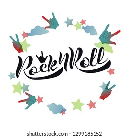 Vector Illustration of logotype rock and roll. Lettering typography poster. Vector badges for rock and roll, with hand sign. EPS 10