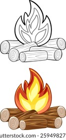 Vector illustration of logs burning in a campfire with flames