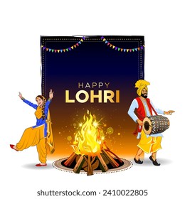 Imagen vectorial del diseño de afiches del festival Lohri. La pareja india punjabi sikh bhangra baila alrededor de la hoguera.