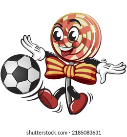 vector illustration of lollipop mascot character playing soccer