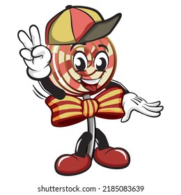 vector illustration of lollipop mascot character wearing a hat and giving a peace sign