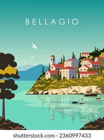 Vector illustration Lombardy Bellagio Italy. Tourist poster. Design for postcard, poster, banner.