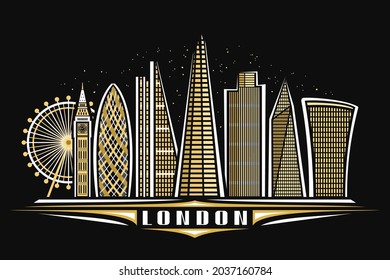 Vector illustration of London, black horizontal poster with linear design illuminated london city scape, european urban line art concept with decorative lettering for word london on dark background.