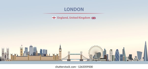 vector illustration of London city skyline on colorful gradient beautiful day sky background with flags of England and United Kingdom