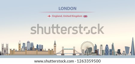 vector illustration of London city skyline on colorful gradient beautiful day sky background with flags of England and United Kingdom