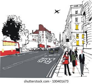 Vector illustration of London city street with pedestrians