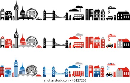 Vector Illustration Of London With Colorful Icons Of Double-deck Buses And Landmark Buildings