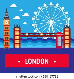 Vector Illustration of London for Design, Website, Background, Banner. Travel Britain Logo Landmark Silhouette Element Template for Tourism Flyer. Big Ben, bridge, telephone 